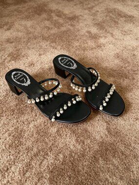 Rene Caovilla Black Satin Pearl Tassel Block Heel Slide Sandals, 4.5cm Heel